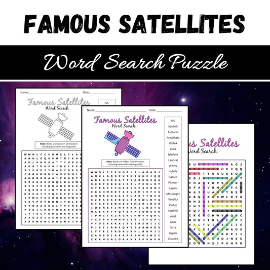 Famous Satellites Word Search Puzzle Worksheet PDF