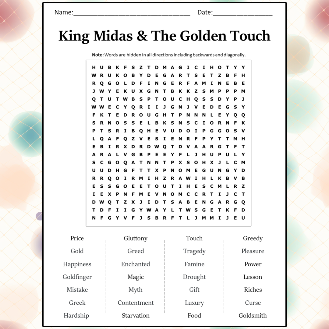 King Midas & The Golden Touch Word Search Puzzle Worksheet Activity PDF