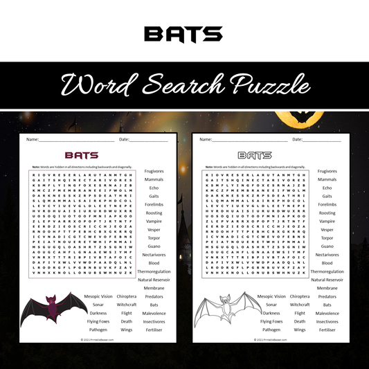 Bats Word Search Puzzle Worksheet PDF