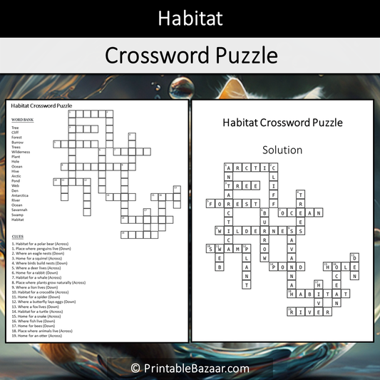 Habitat Crossword Puzzle Worksheet Activity Printable PDF