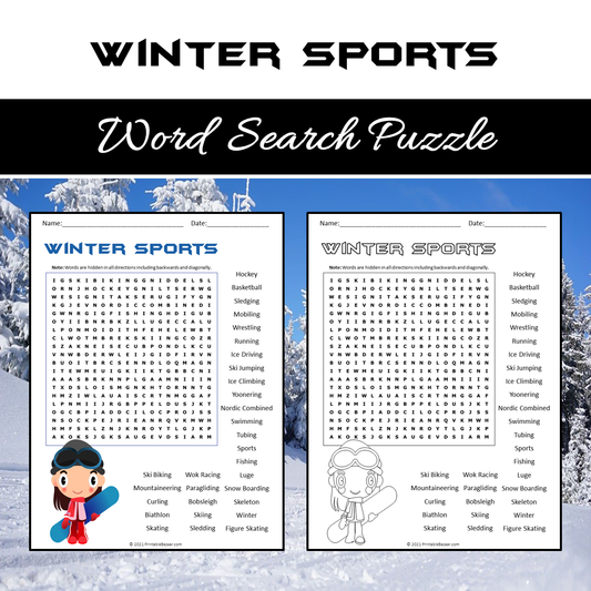 Winter Sports Word Search Puzzle Worksheet PDF