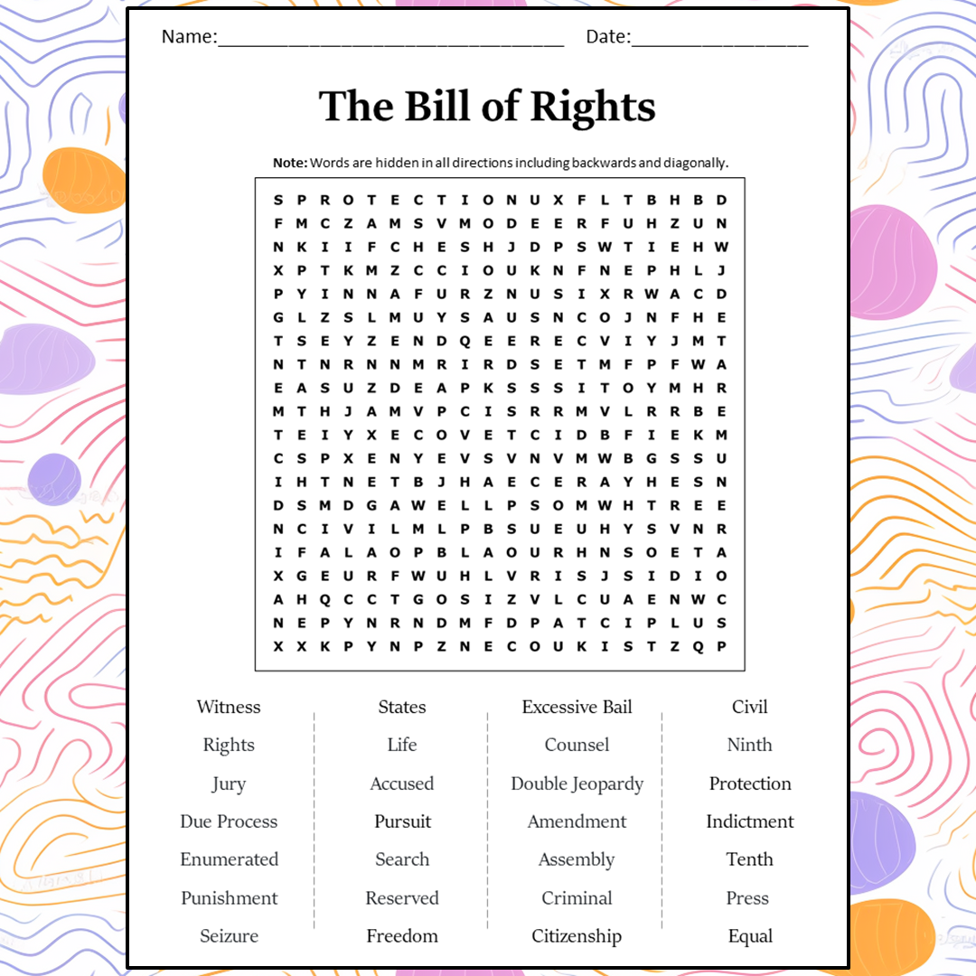 The Bill Of Rights Word Search Puzzle Worksheet Activity PDF