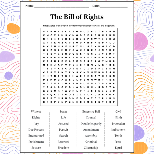 The Bill Of Rights Word Search Puzzle Worksheet Activity PDF