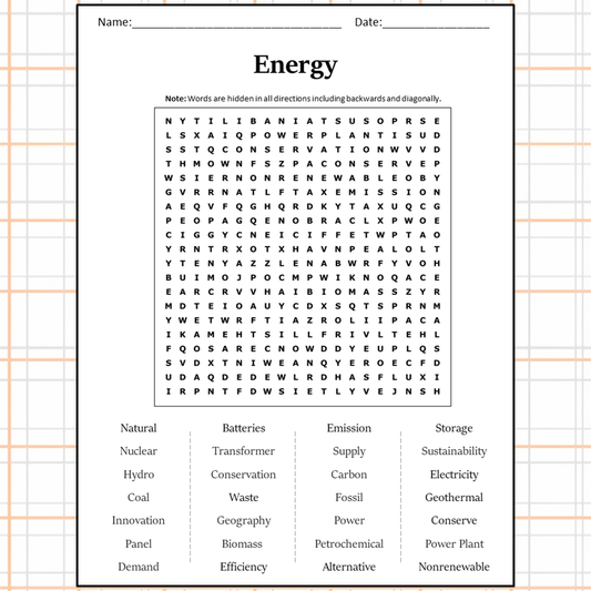 Energy Word Search Puzzle Worksheet Activity PDF