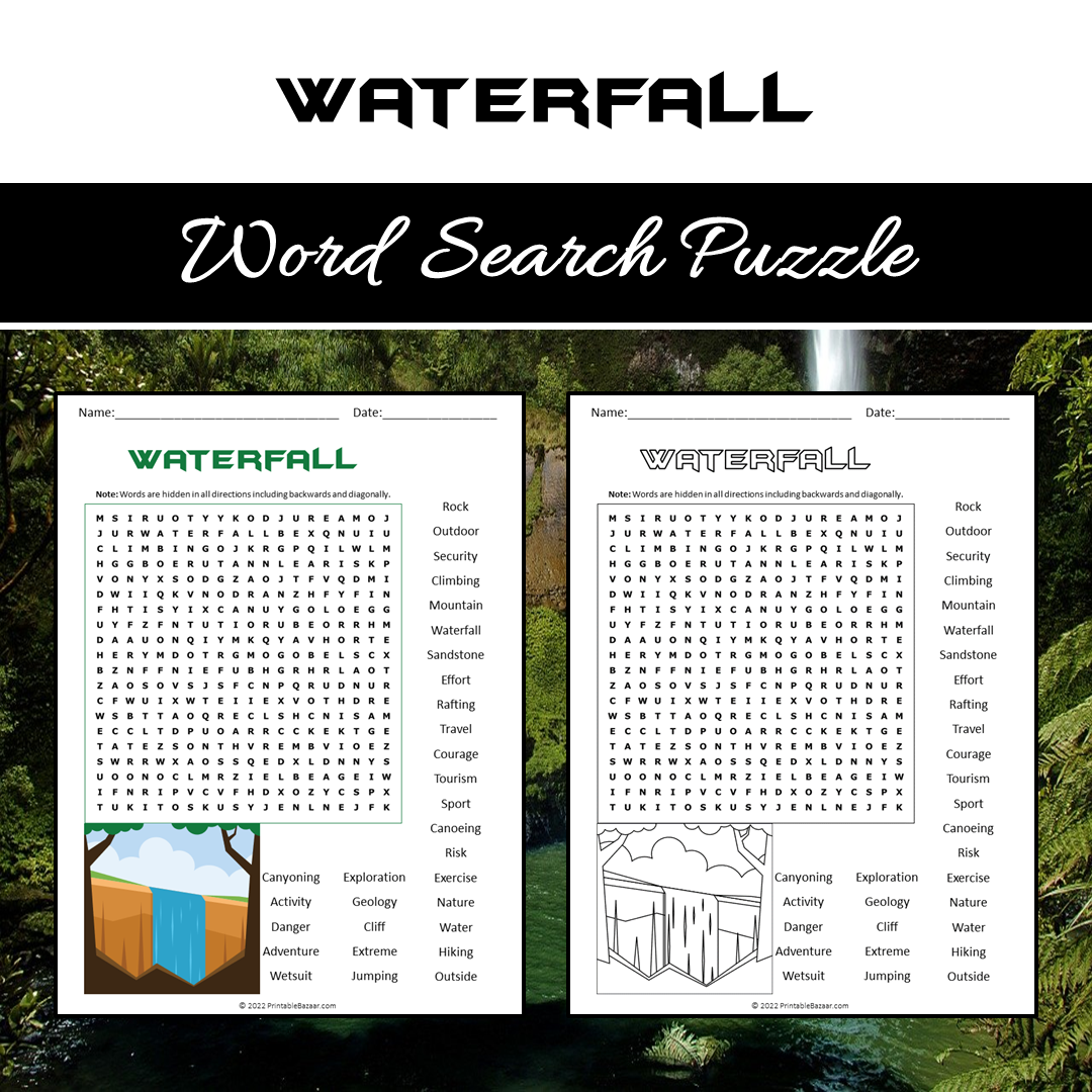 Waterfalls Word Search Puzzle Worksheet PDF