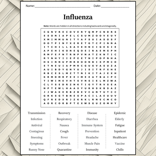 Influenza Word Search Puzzle Worksheet Activity PDF