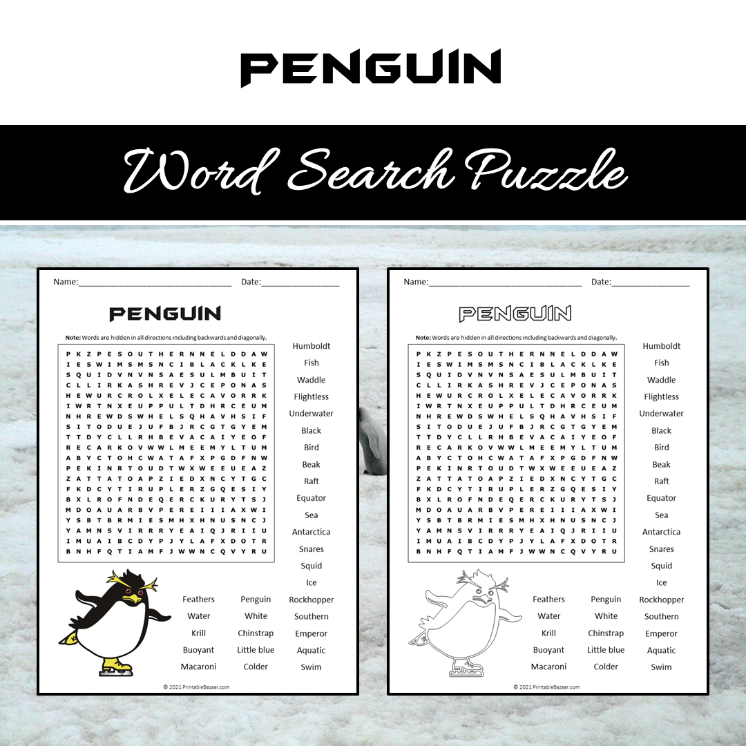 Penguin Word Search Puzzle Worksheet PDF