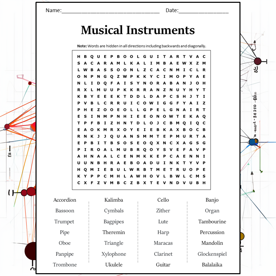 Musical Instruments Word Search Puzzle Worksheet Activity PDF