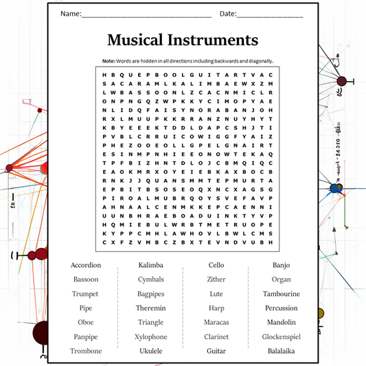 Musical Instruments Word Search Puzzle Worksheet Activity PDF