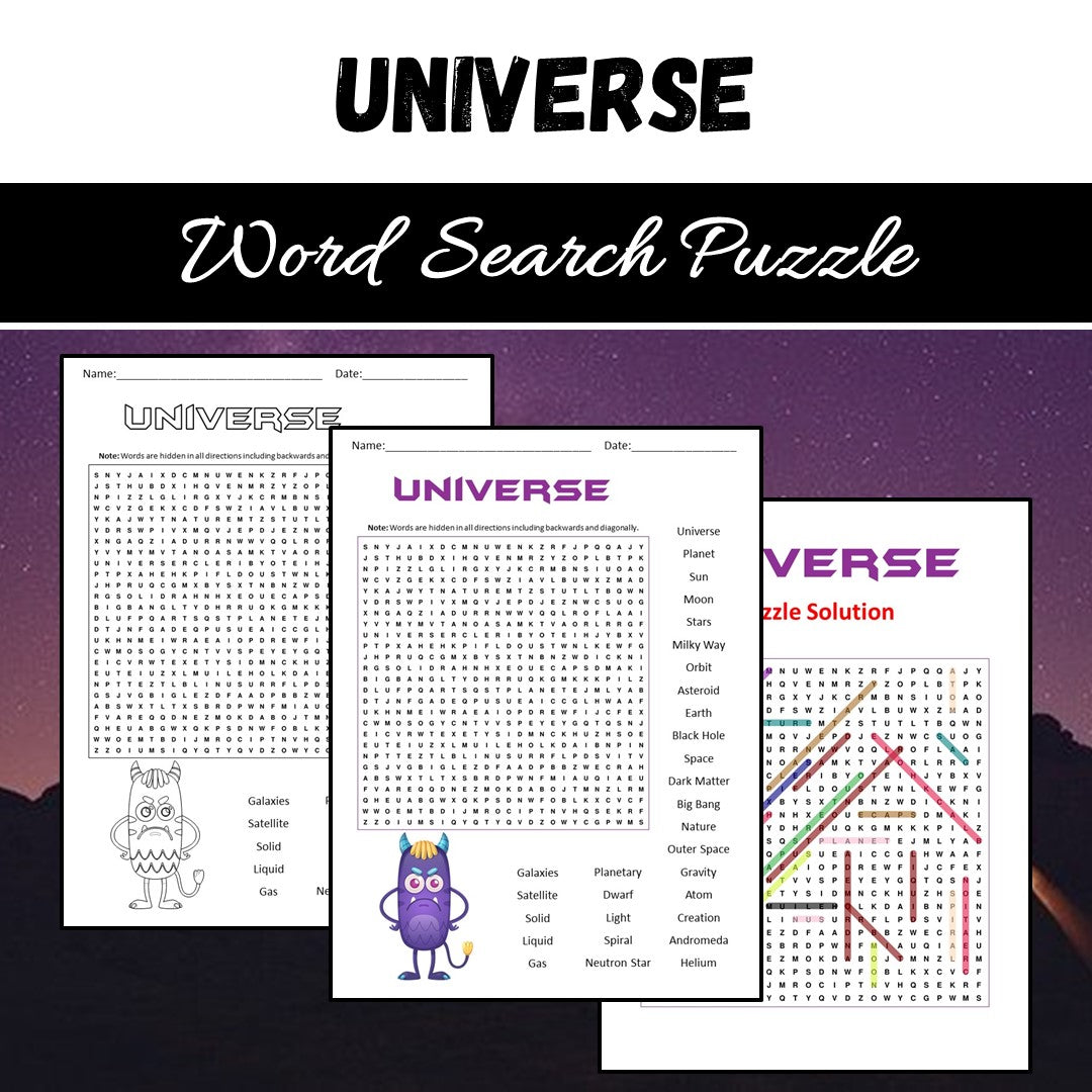 Universe Word Search Puzzle Worksheet PDF