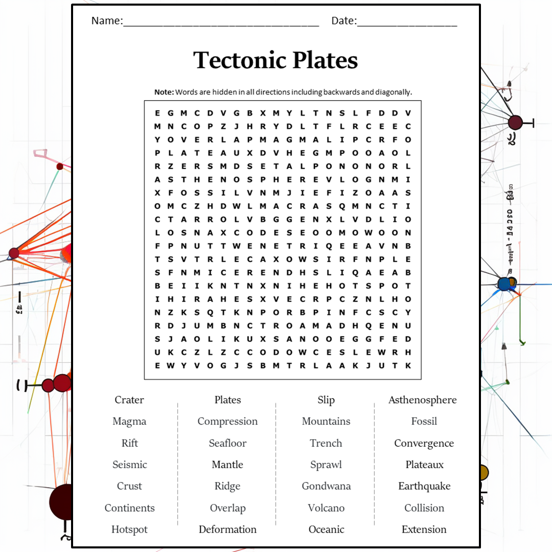 Tectonic Plates Word Search Puzzle Worksheet Activity PDF