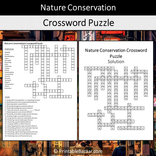 Nature Conservation Crossword Puzzle Worksheet Activity Printable PDF