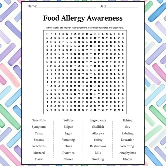 Food Allergy Awareness Word Search Puzzle Worksheet Activity PDF