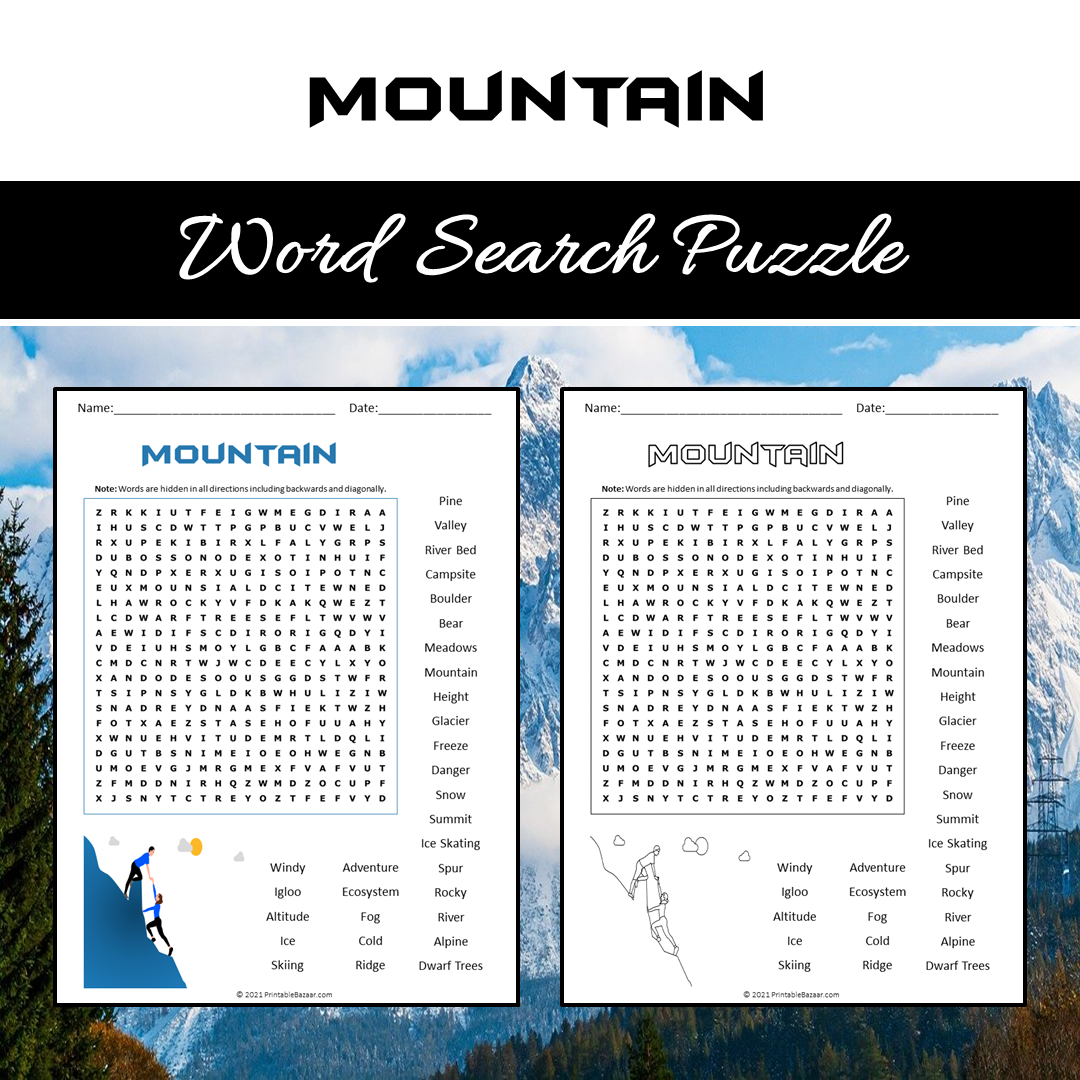 Mountain Word Search Puzzle Worksheet PDF