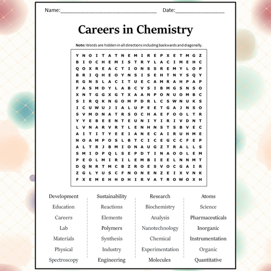 Careers In Chemistry Word Search Puzzle Worksheet Activity PDF