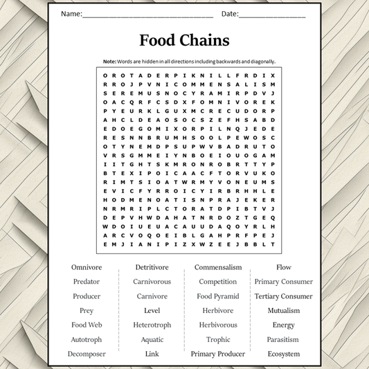 Food Chains Word Search Puzzle Worksheet Activity PDF