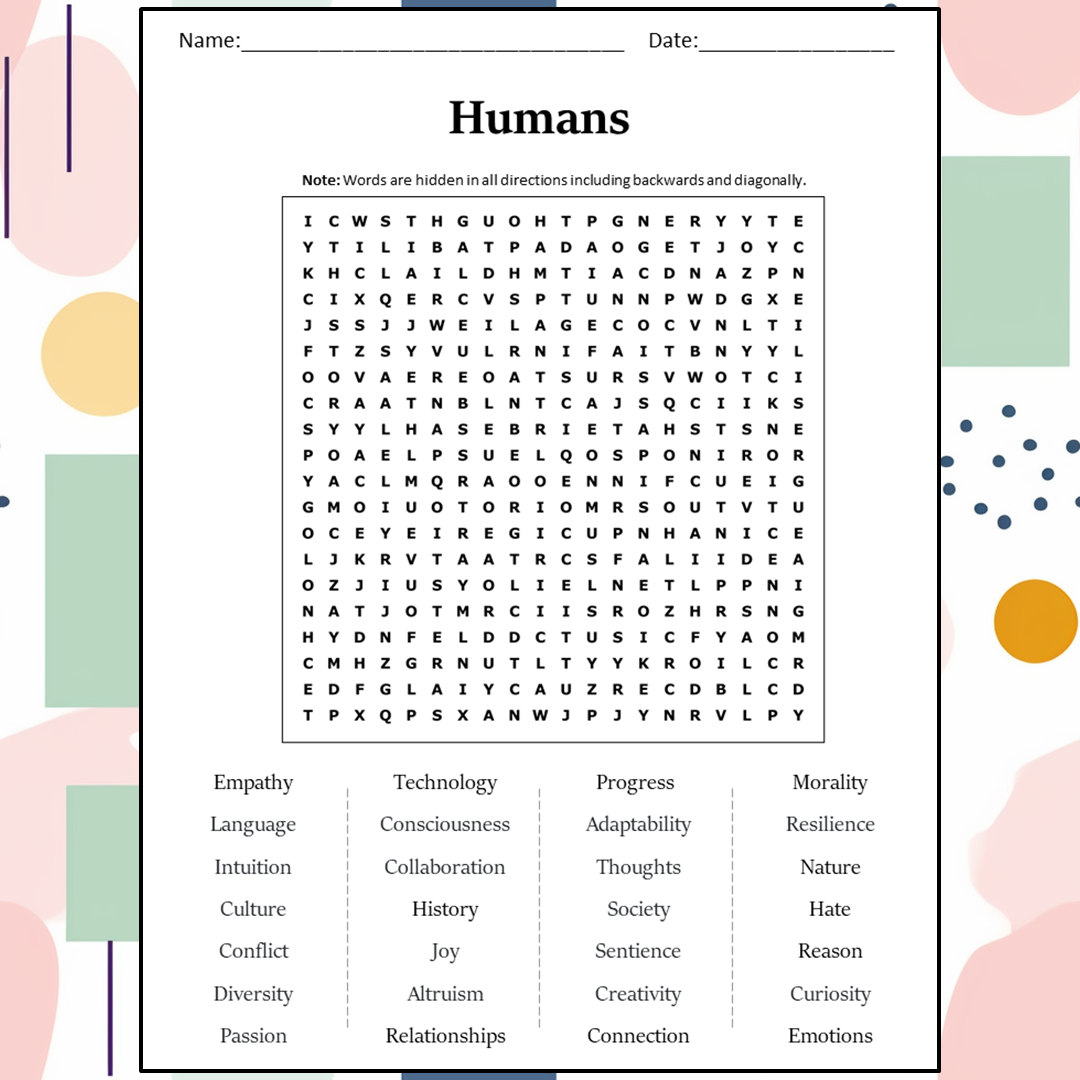 Humans Word Search Puzzle Worksheet Activity PDF