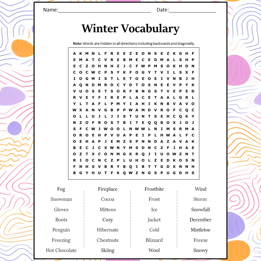 Winter Vocabulary Word Search Puzzle Worksheet Activity PDF