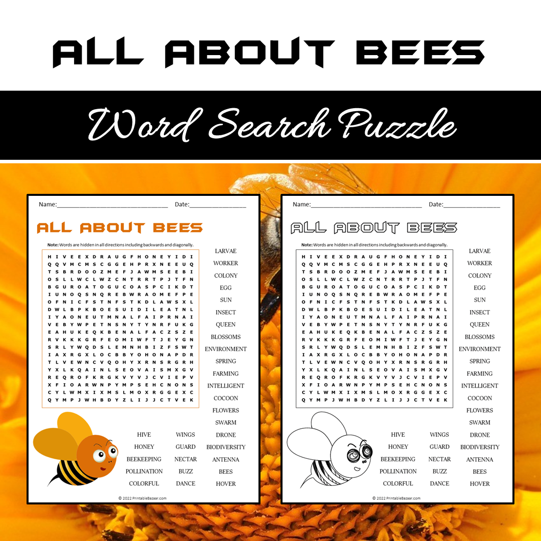 All About Bees Word Search Puzzle Worksheet PDF