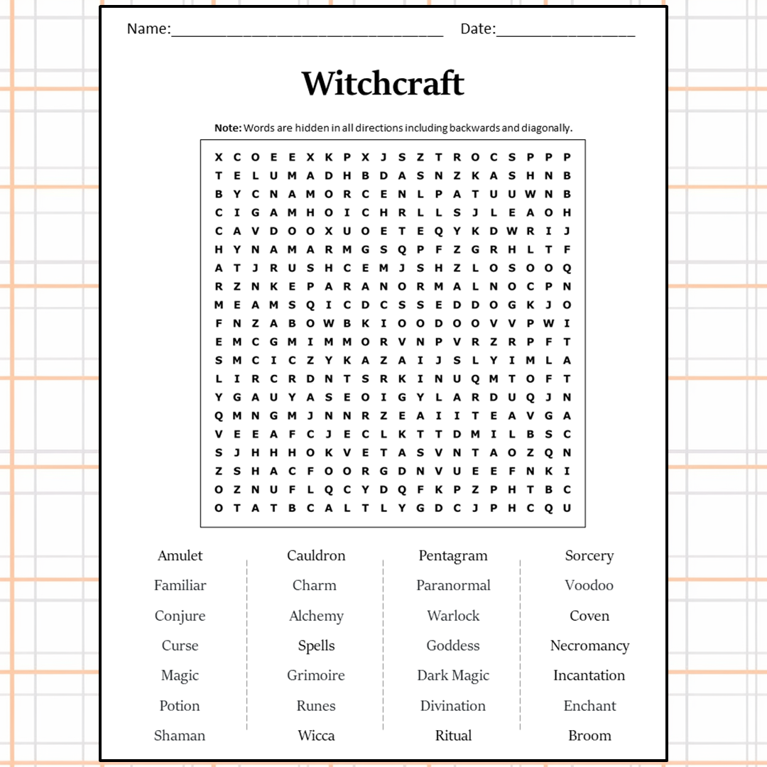 Witchcraft Word Search Puzzle Worksheet Activity PDF