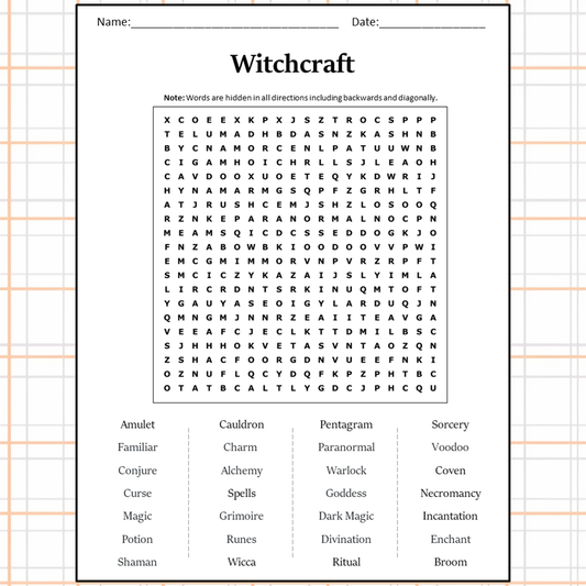 Witchcraft Word Search Puzzle Worksheet Activity PDF