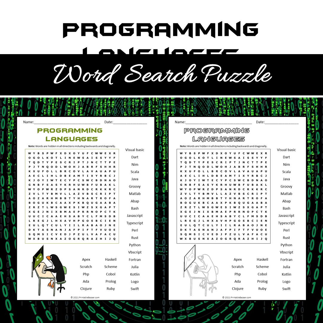Programming Languages Word Search Puzzle Worksheet PDF