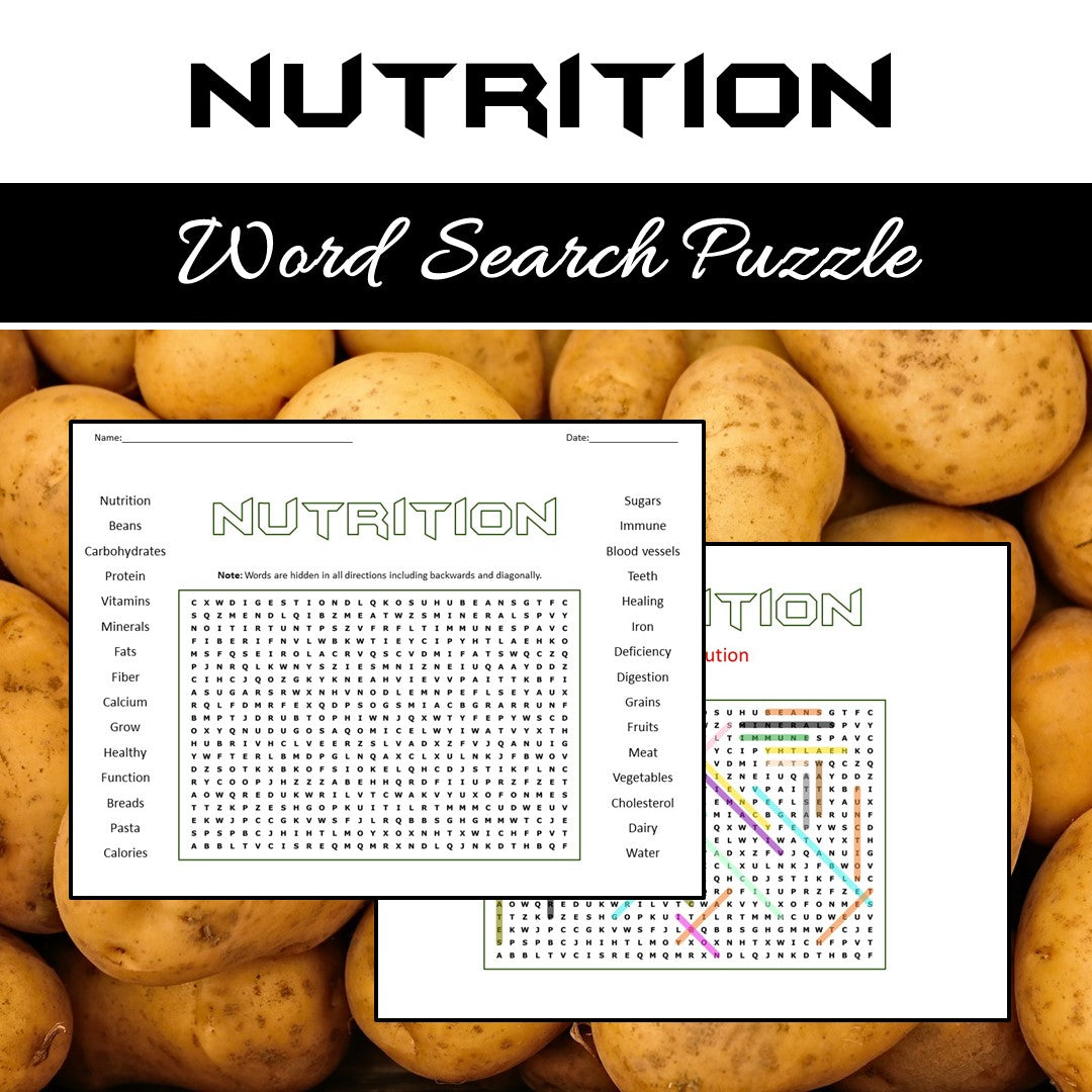 Nutrition Word Search Puzzle Worksheet PDF