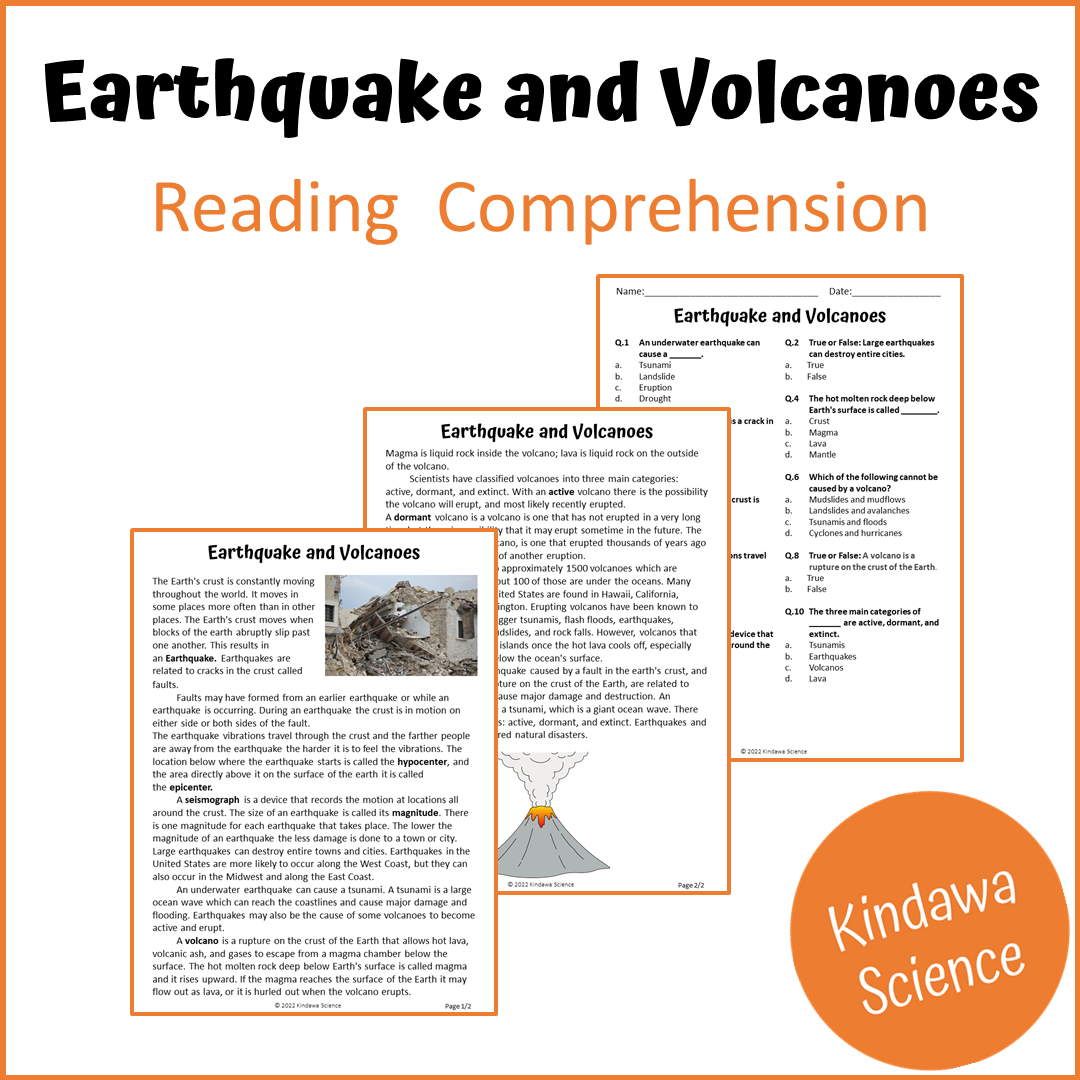 Earthquake And Volcanoes Reading Comprehension Passage and Questions | Printable PDF