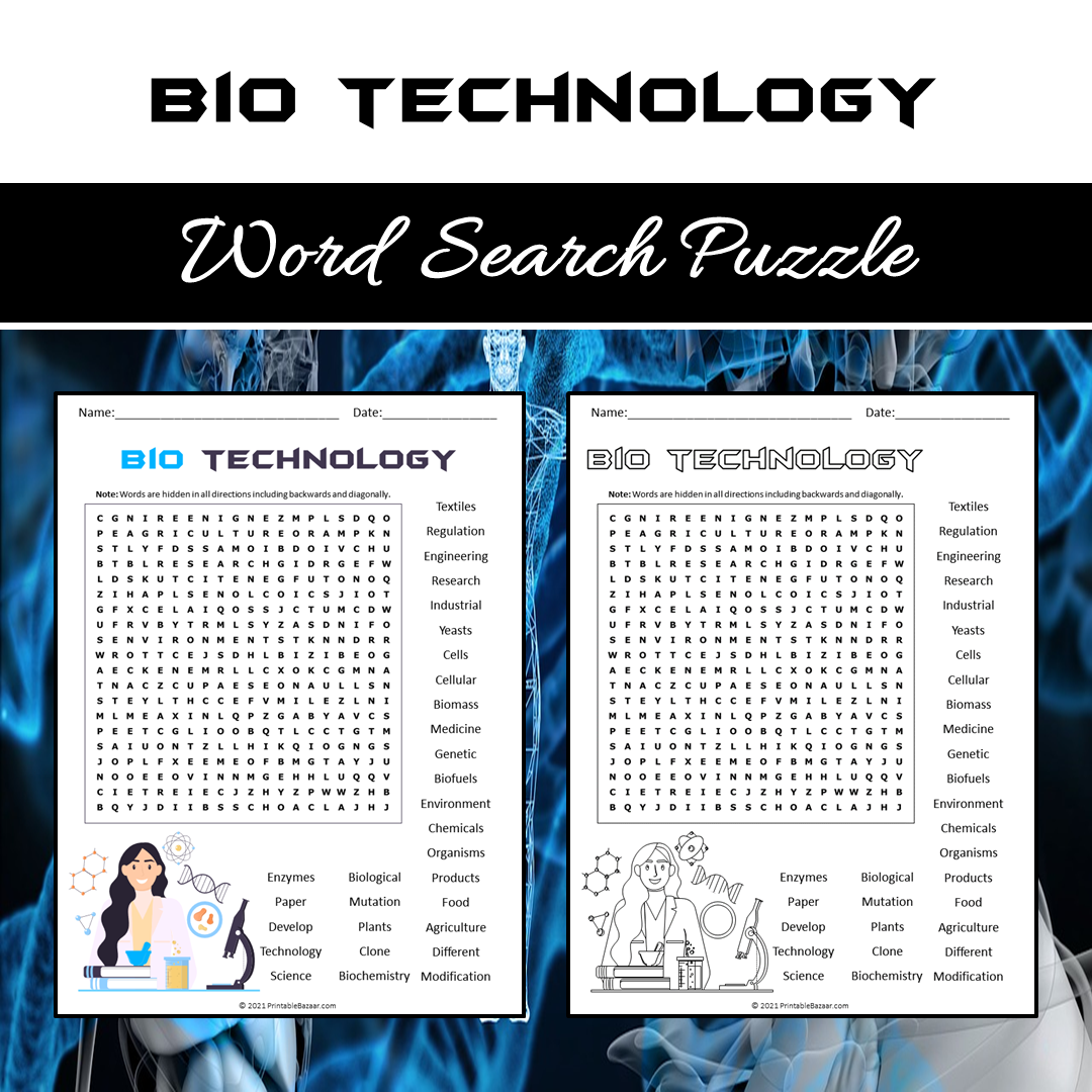 Bio Technology Word Search Puzzle Worksheet PDF