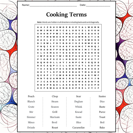 Cooking Terms Word Search Puzzle Worksheet Activity PDF