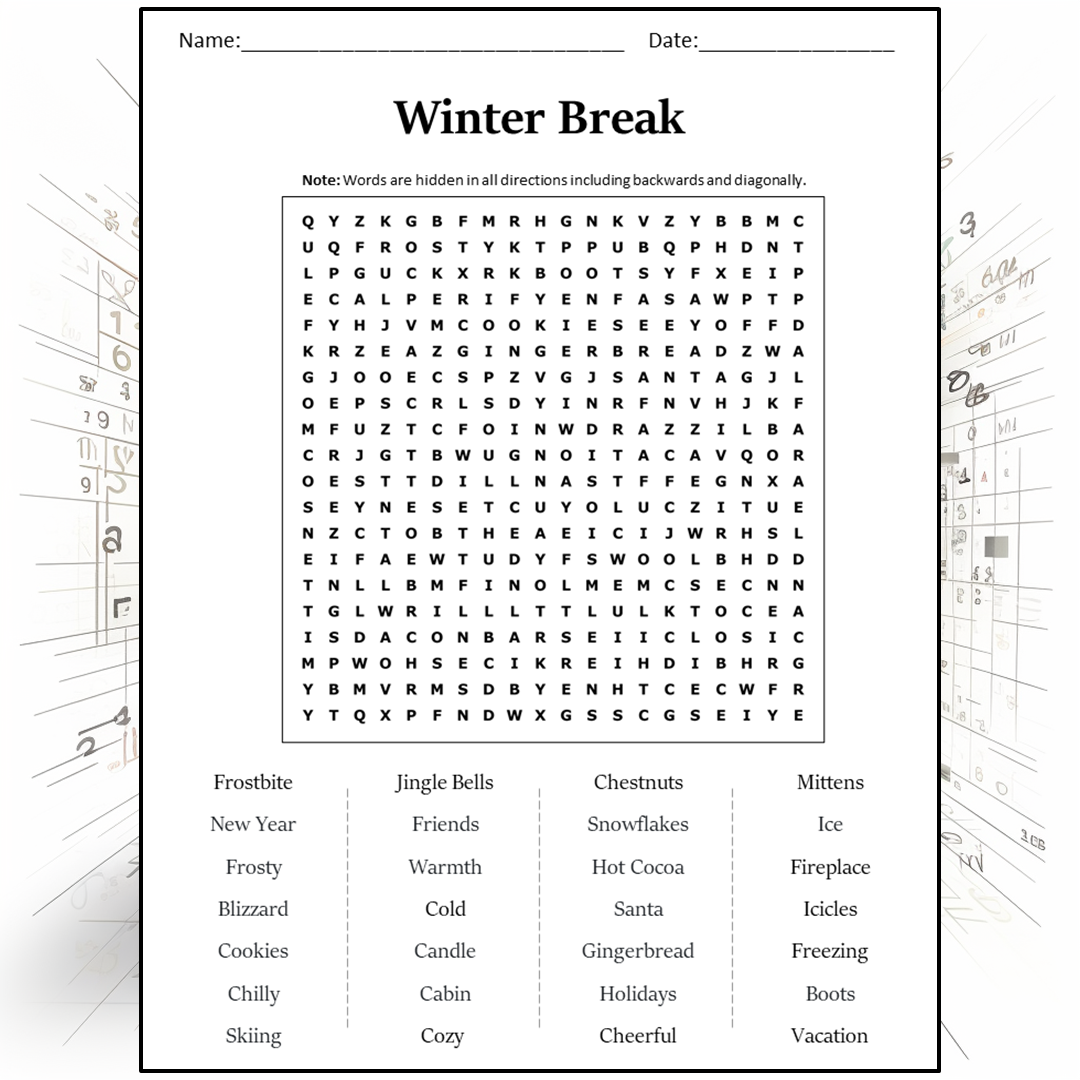 Winter Break Word Search Puzzle Worksheet Activity PDF