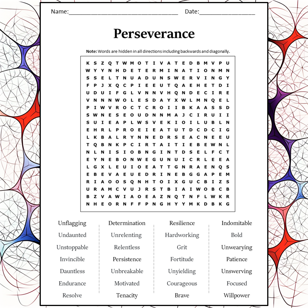 Perseverance Word Search Puzzle Worksheet Activity PDF