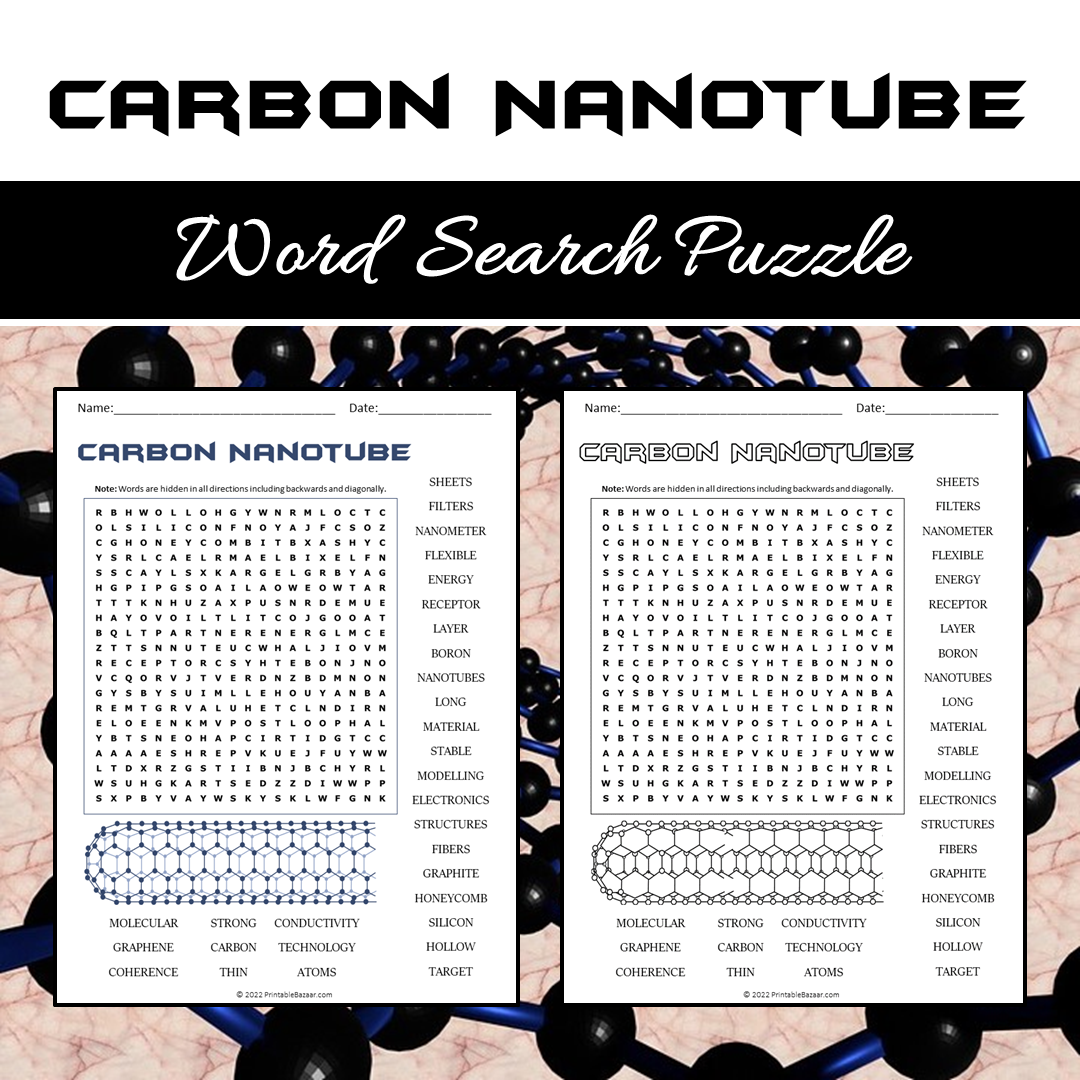 Carbon Nanotube Word Search Puzzle Worksheet PDF