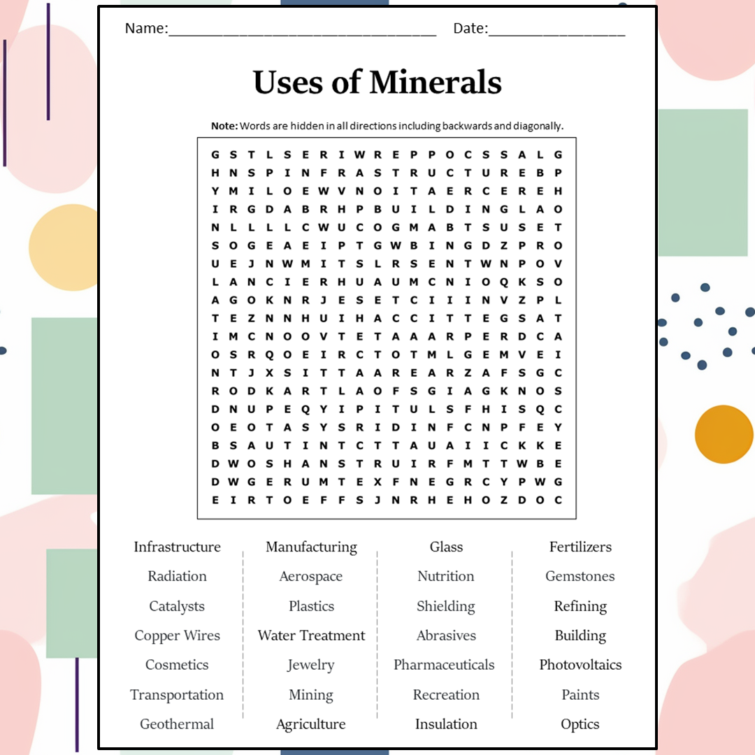 Uses Of Minerals Word Search Puzzle Worksheet Activity PDF