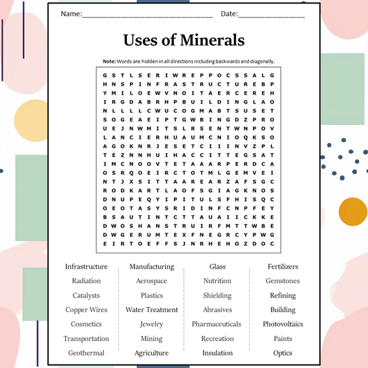 Uses Of Minerals Word Search Puzzle Worksheet Activity PDF