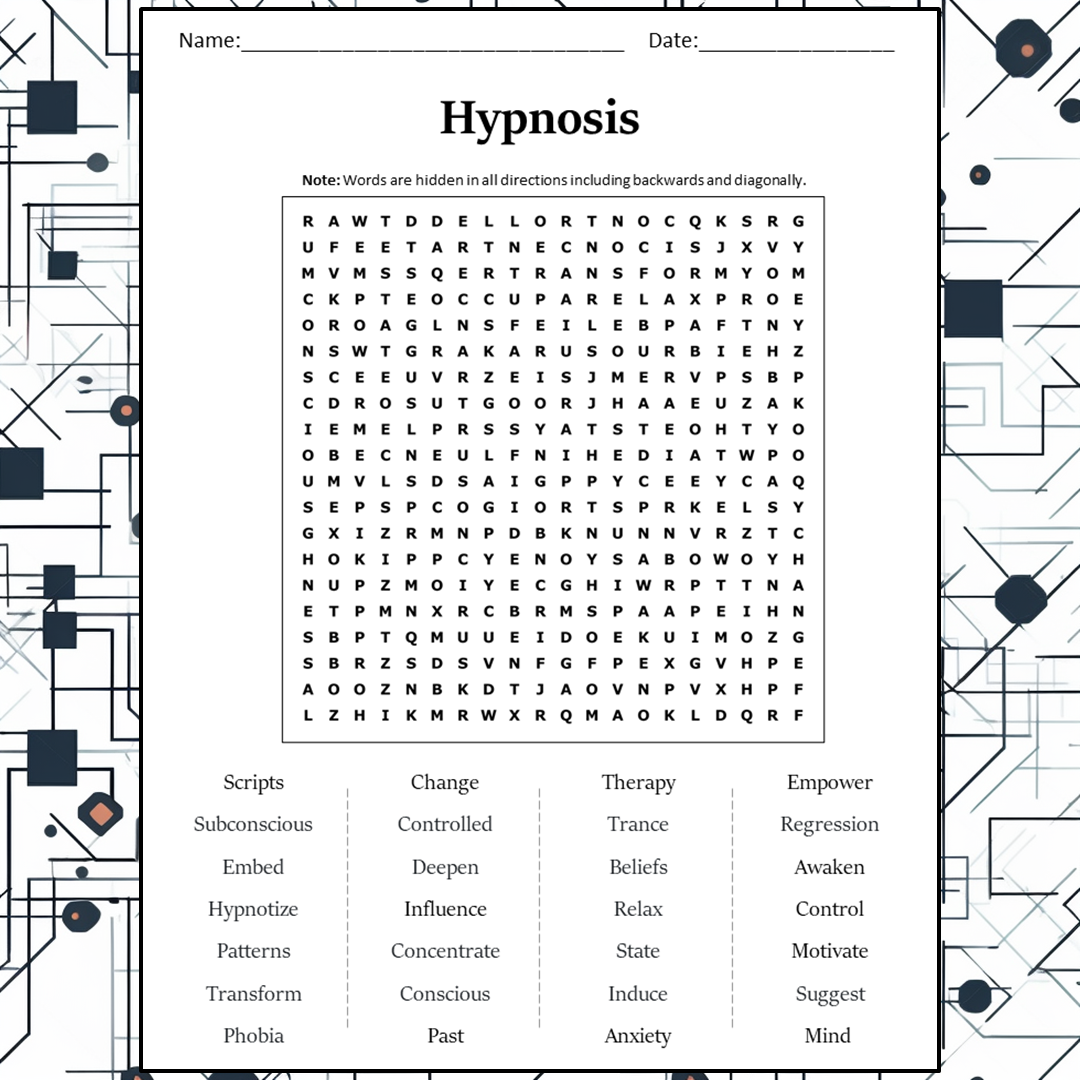 Hypnosis Word Search Puzzle Worksheet Activity PDF