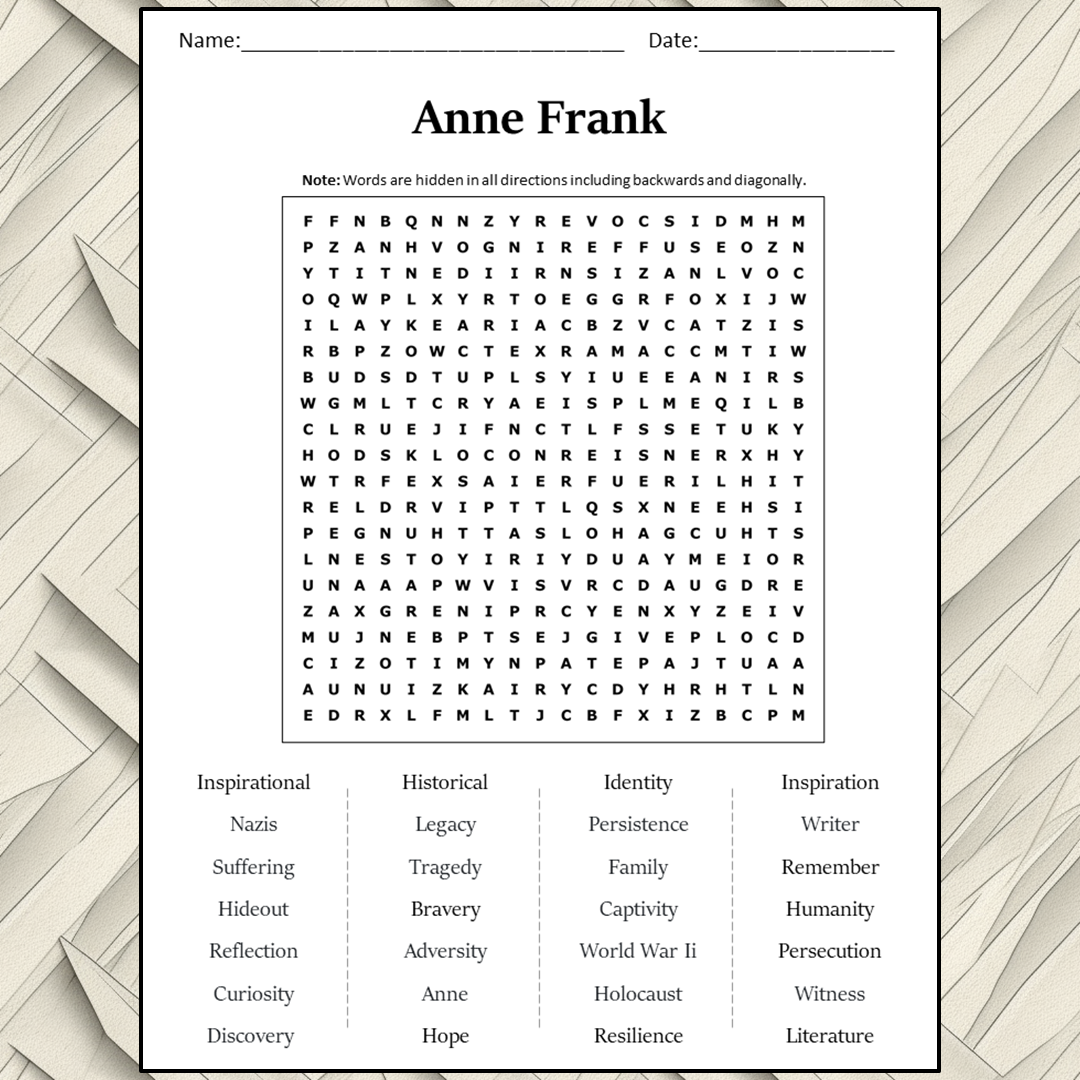 Anne Frank Word Search Puzzle Worksheet Activity PDF