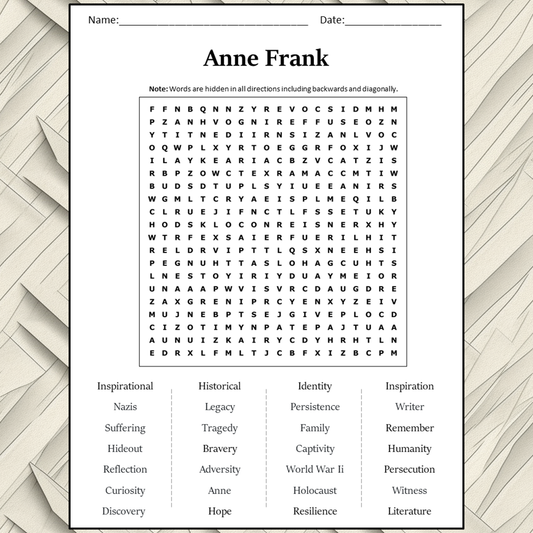 Anne Frank Word Search Puzzle Worksheet Activity PDF