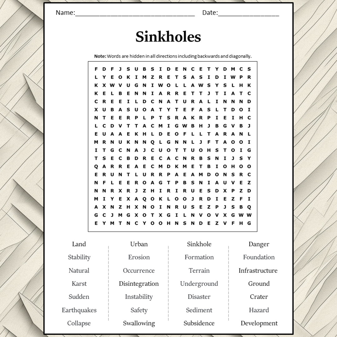 Sinkholes Word Search Puzzle Worksheet Activity PDF