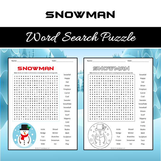 Snowman Word Search Puzzle Worksheet PDF