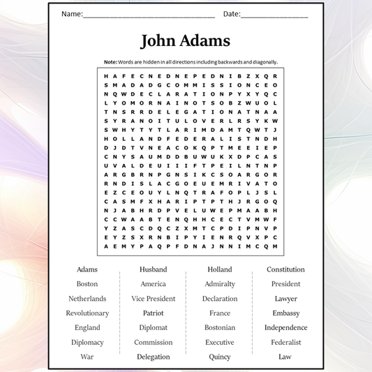 John Adams Word Search Puzzle Worksheet Activity PDF