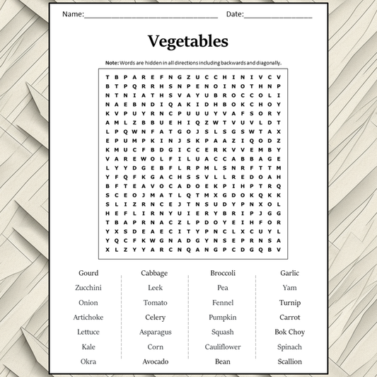 Vegetables Word Search Puzzle Worksheet Activity PDF