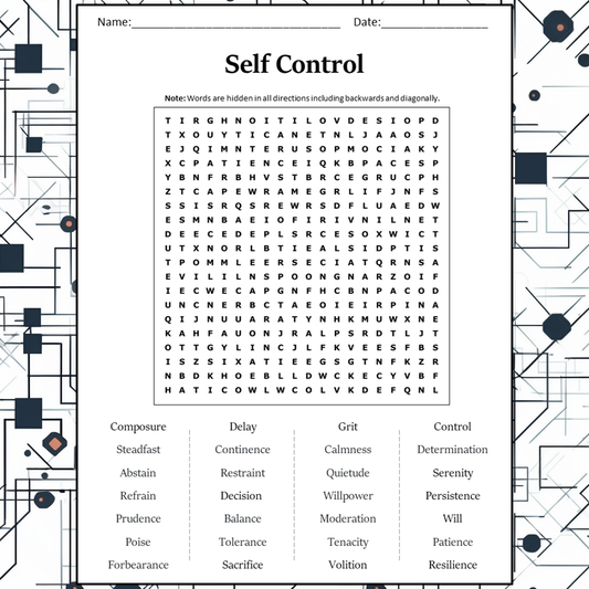 Self Control Word Search Puzzle Worksheet Activity PDF