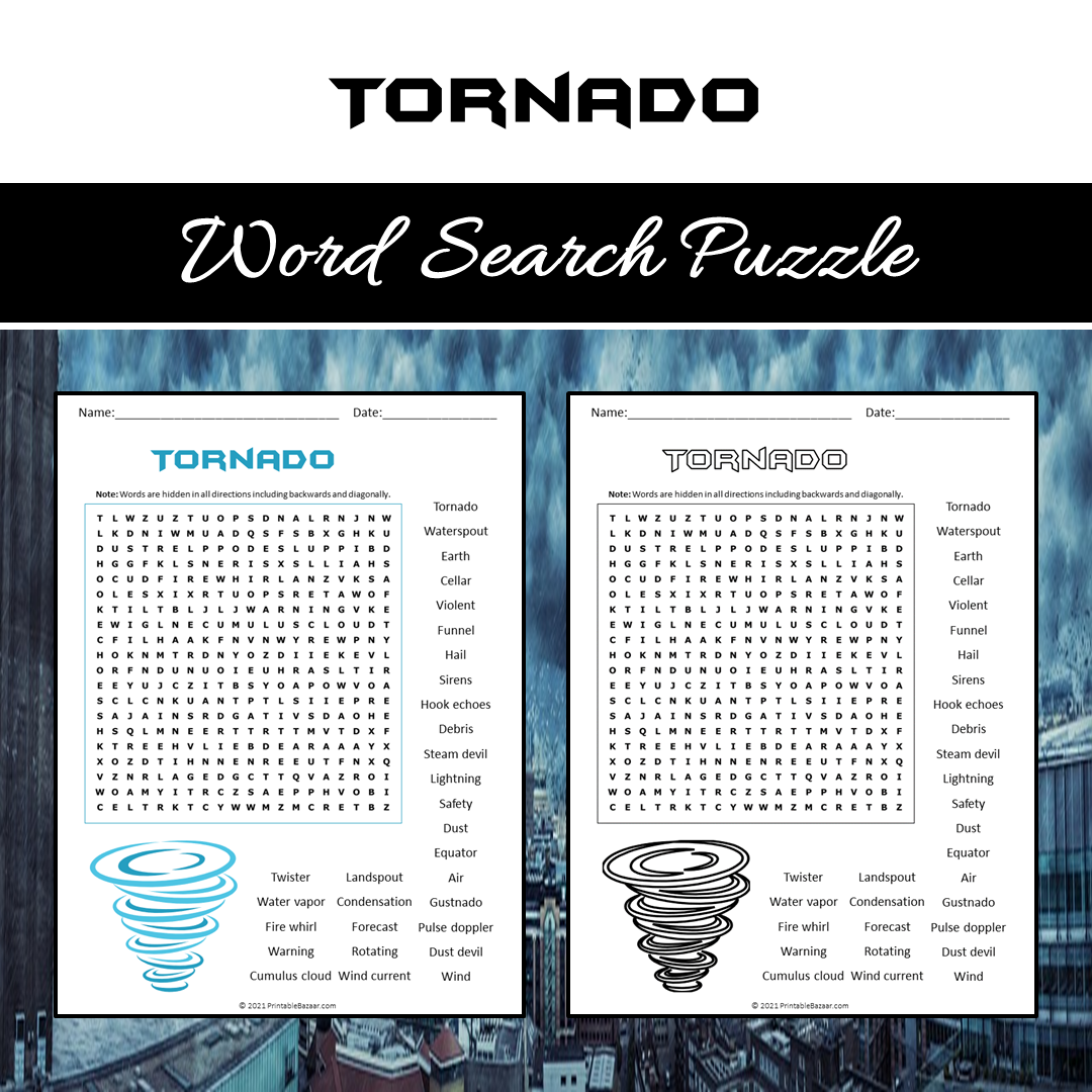 Tornado Word Search Puzzle Worksheet PDF