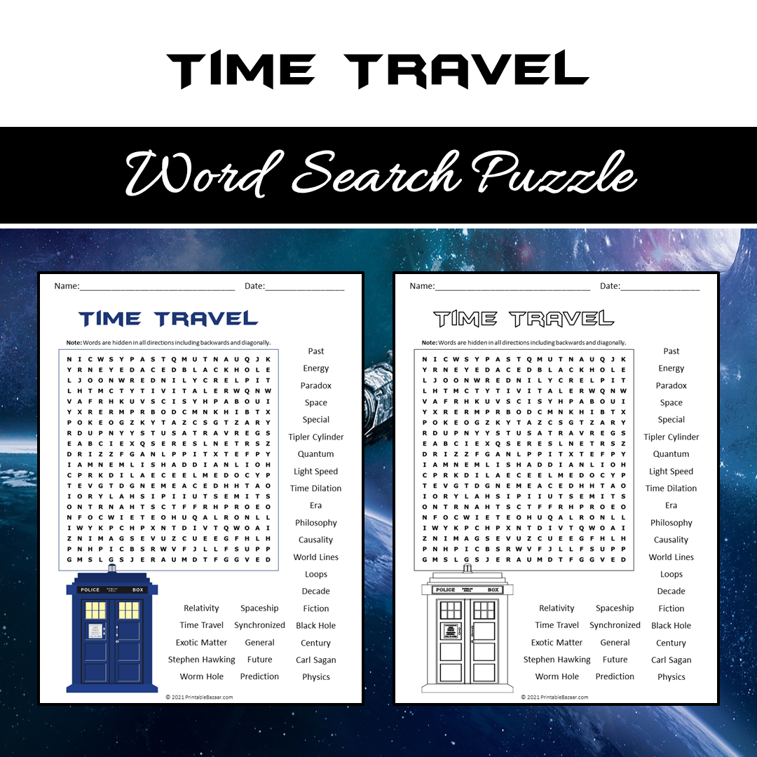 Time Travel Word Search Puzzle Worksheet PDF