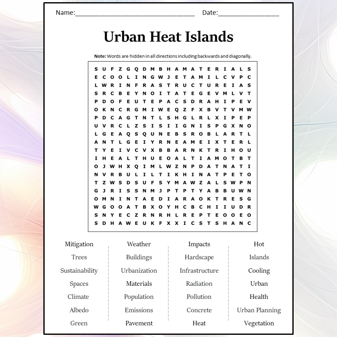 Urban Heat Islands Word Search Puzzle Worksheet Activity PDF