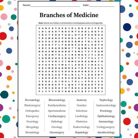 Branches Of Medicine Word Search Puzzle Worksheet Activity PDF