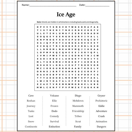 Ice Age Word Search Puzzle Worksheet Activity PDF