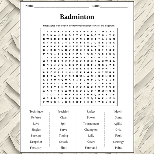 Badminton Word Search Puzzle Worksheet Activity PDF