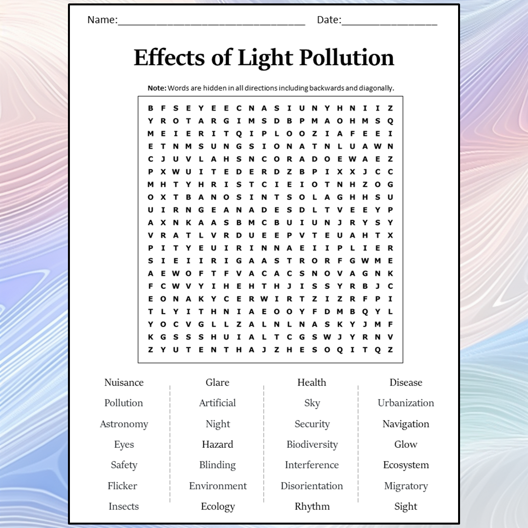 Effects Of Light Pollution Word Search Puzzle Worksheet Activity PDF